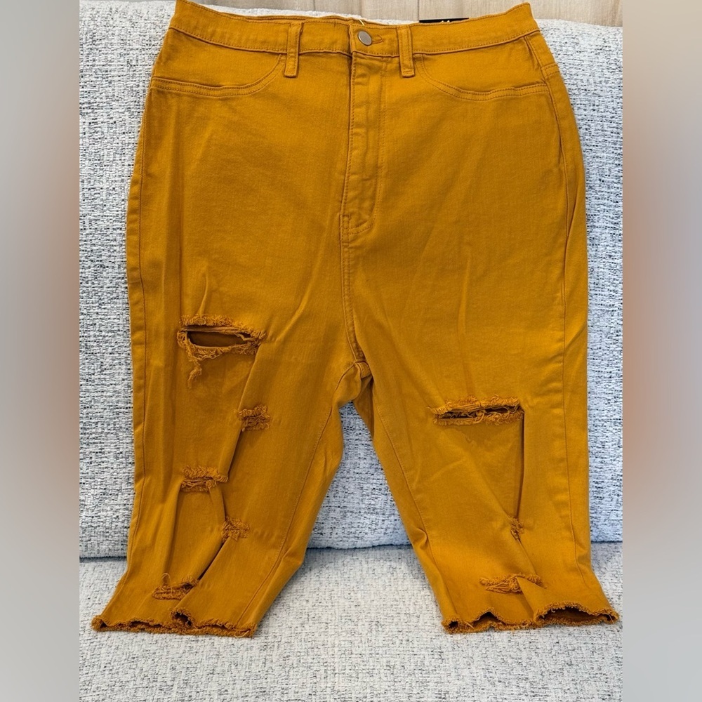 Distressed Mustard Yellow Bermuda Capris
